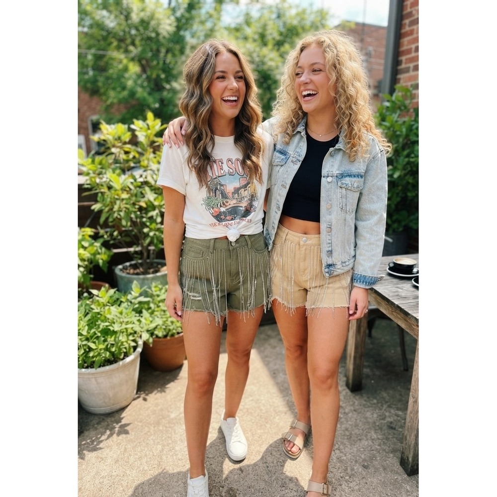 Blue B Collection Forever 21 Rhinestone Fringe Denim Shorts Khaki&Green L 2PK